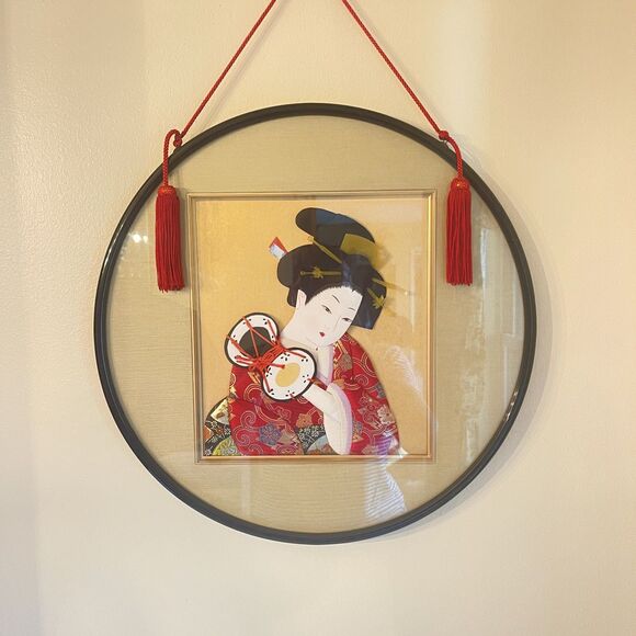 VTG Set of 2 Large Japanese Wall Art Frame 3D Silk Fabric Collage Geisha Floral - Picture 3 of 16